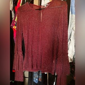 Burgundy sheer sparkly blouse w/ bell sleeves